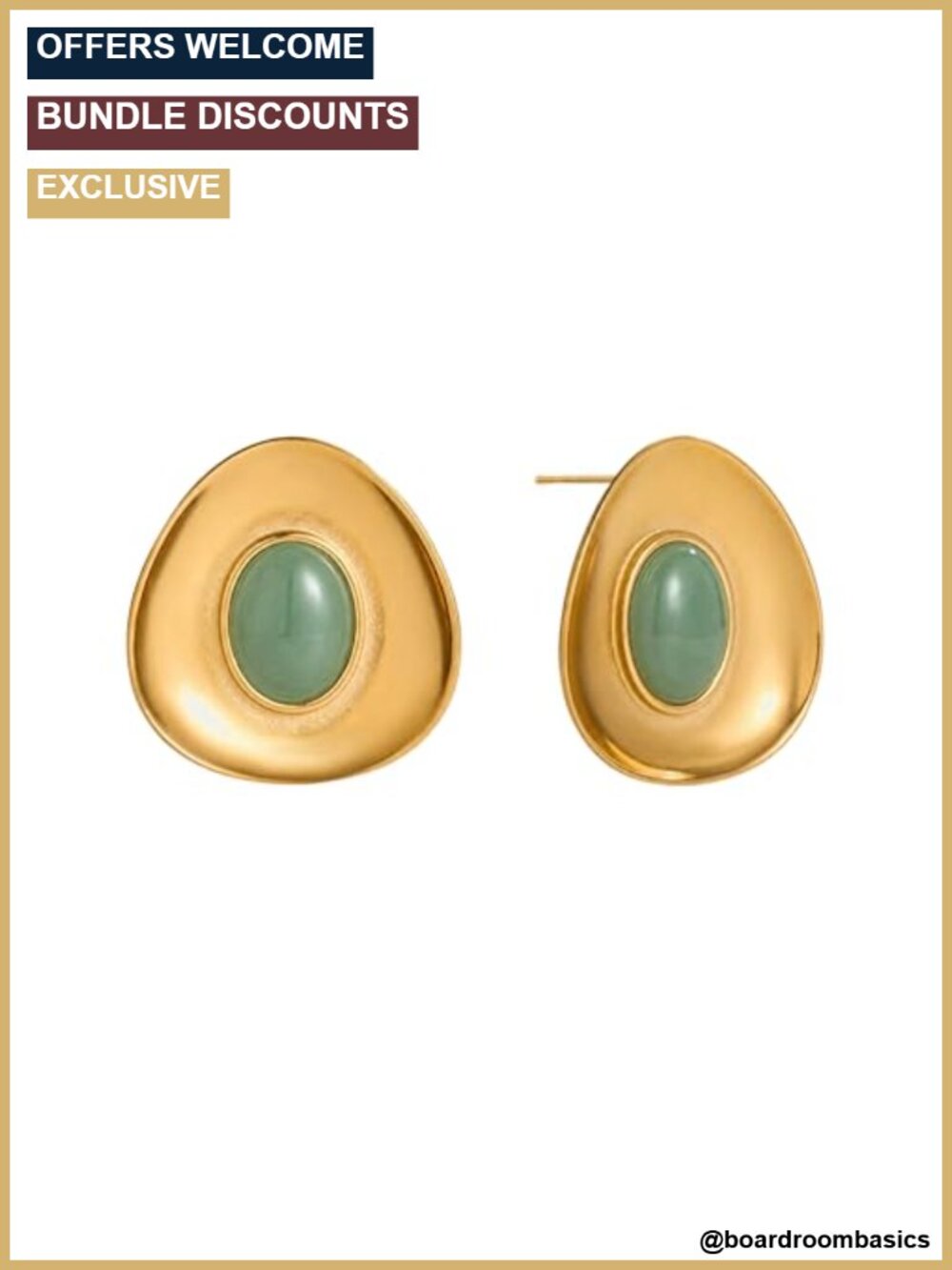 18K Gold Finish Green Aventurine Stud Earrings Vintage Style